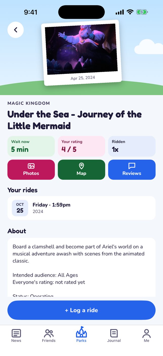 Under the Sea attraction page with a photo, wait time, rating and ride history
