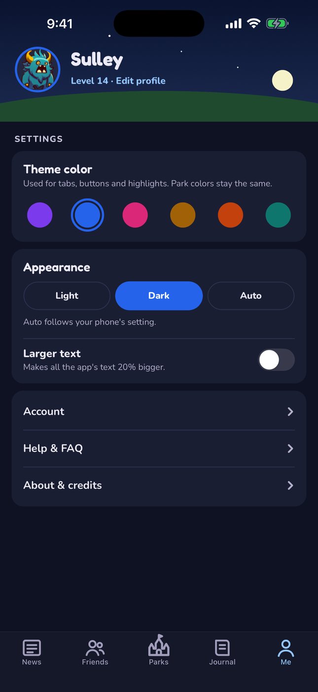 Settings in dark mode