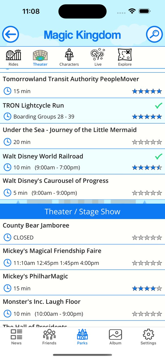 Magic Kingdom attraction list with wait times