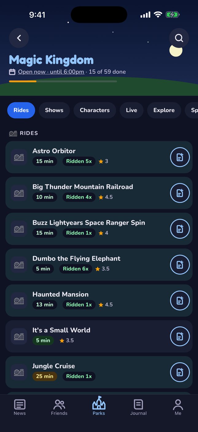 Magic Kingdom rides in dark mode