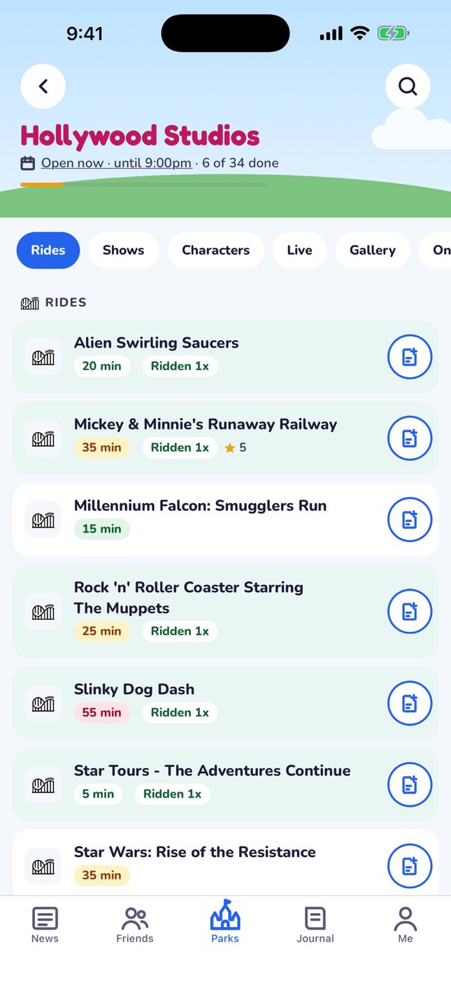 A park page with color-coded wait times and how many times each ride was done